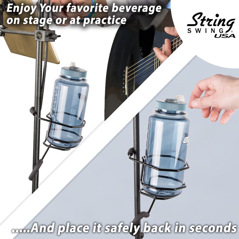 String Swing Mic Stand Large Drink Holder - Microphone & Cymbal Pole Mount for Nalgene Water Bottle Mason Jar Atlas Coffee Thermos Contigo Travel Mug - Black Heavy Duty Studio Quality Made in USA - String Swing - Image 3
